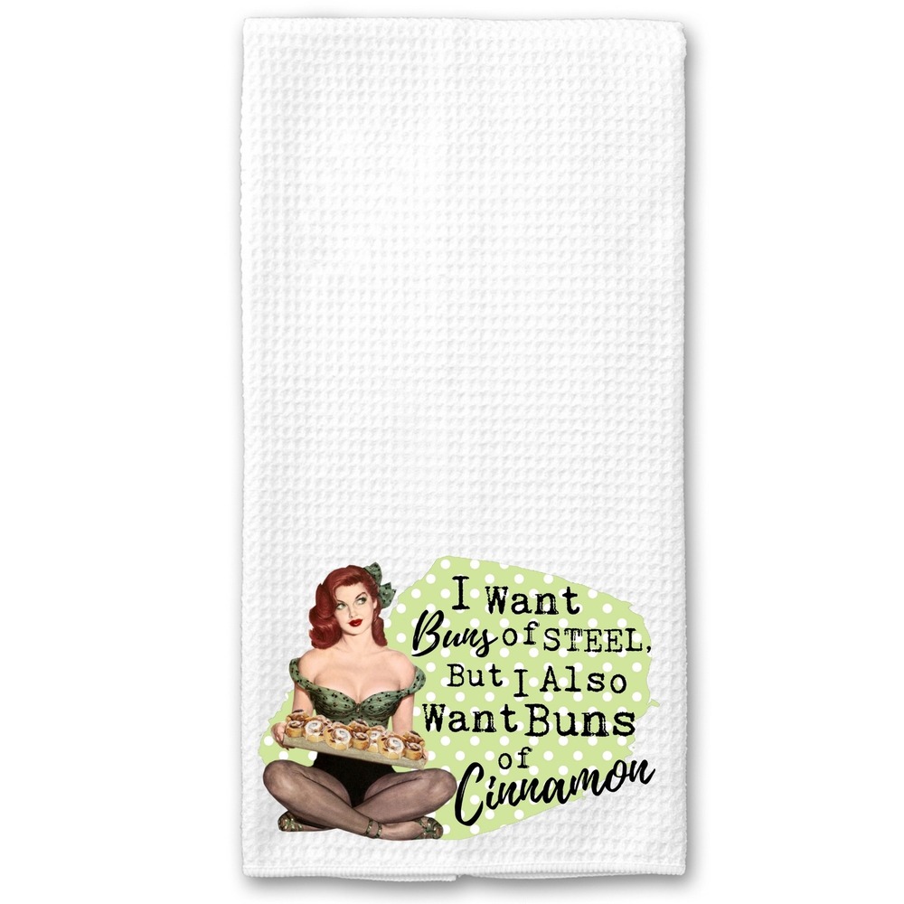 Retro Pinup Girl Waffle Weave Kitchen Towel Buns of Steel Cinnamon White Humor
